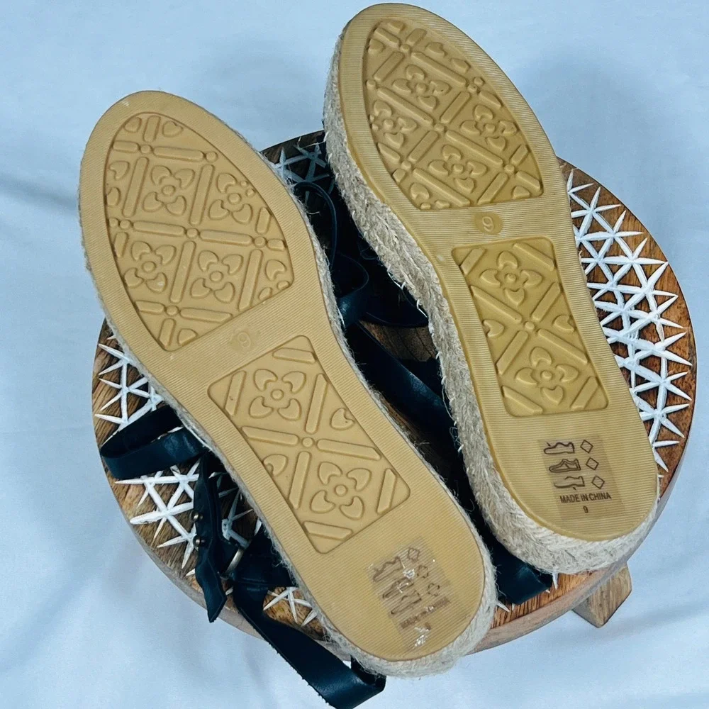 Jacobies Beverly Hills Dante3 Black Leather Strappy‎ Espadrille Sandals Womens 9